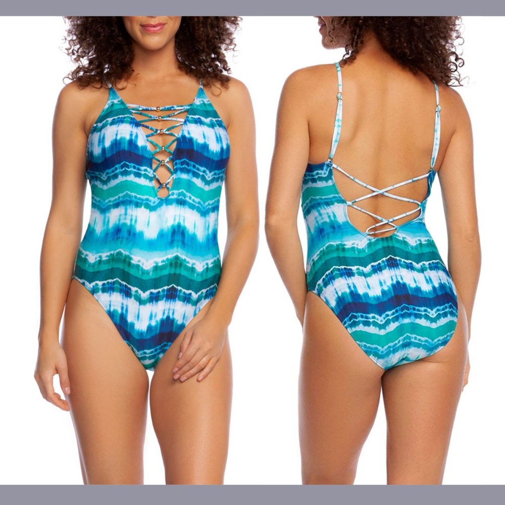 EUC La Blanca [ 16 ] Global Tie Dye Lace High Neck One‎ Piece Swimsuit